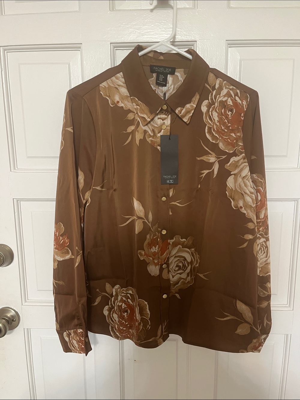Rachel Zoe Chocolate Brown Floral Satin Button-Down Blouse